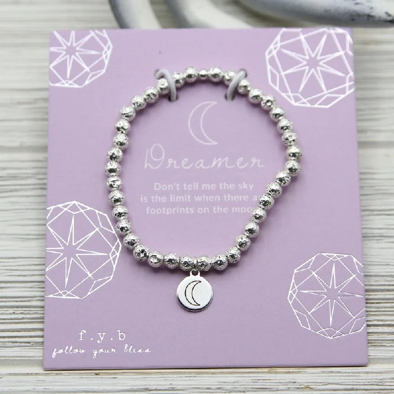 Dreamer ~ Stretchy Silver Coated Lavastone Bracelet - Silver Charm