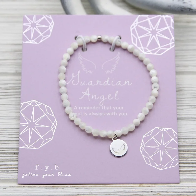 Guardian Angel ~ Stretchy Mother Of Pearl Bracelet - Silver Charm