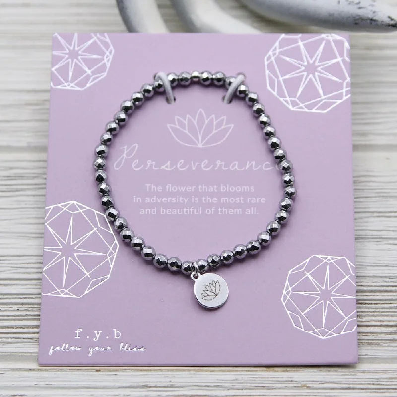 Perseverance ~ Stretchy Hematite Bracelet - Silver Charm