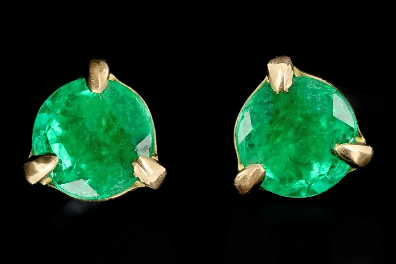 New 14K Yellow Gold 1.12 Carat Round Cut Emerald Studs