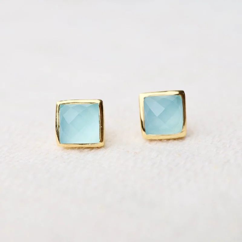 Madeline Stud Earrings - Vermeil Square - Aqua Blue Chalcedony