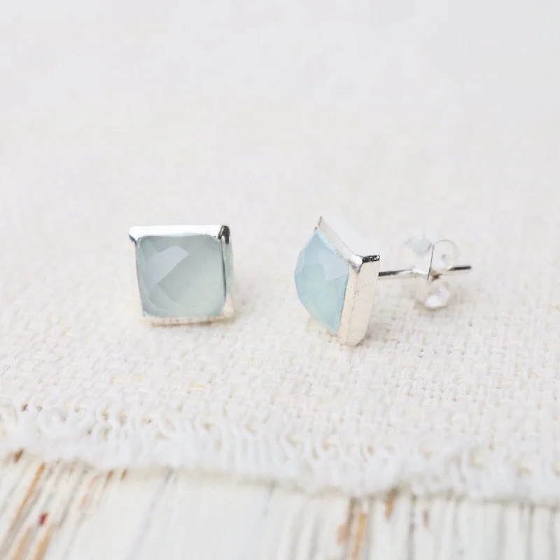 Silver Square Madeline Stud Earrings - Aqua Blue Chalcedony