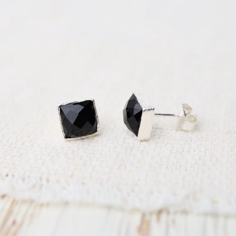 Silver Square Madeline Stud Earrings - Black Onyx