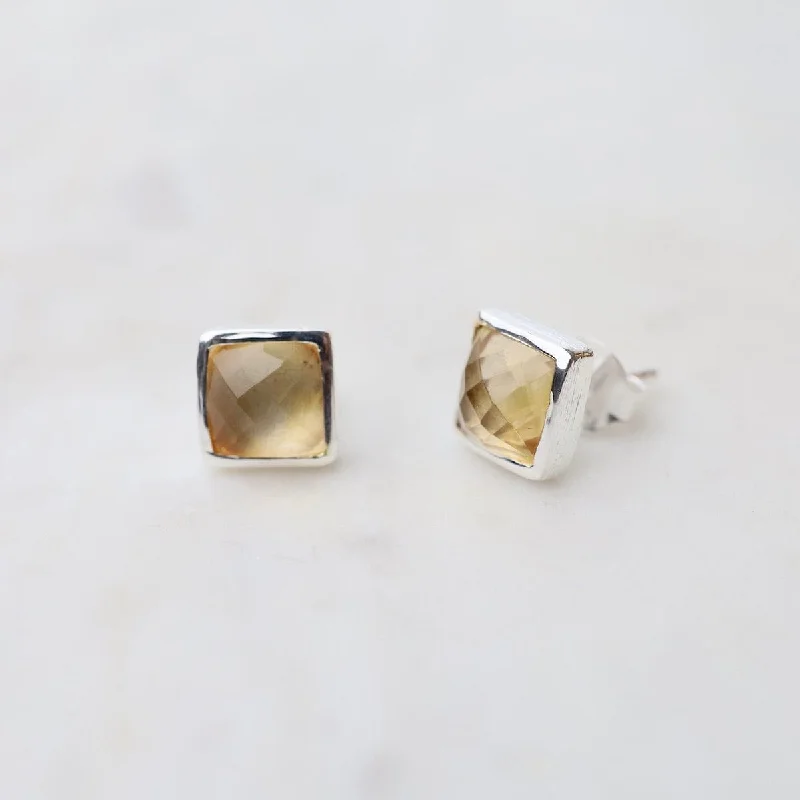 Silver Square Madeline Stud Earrings - Citrine