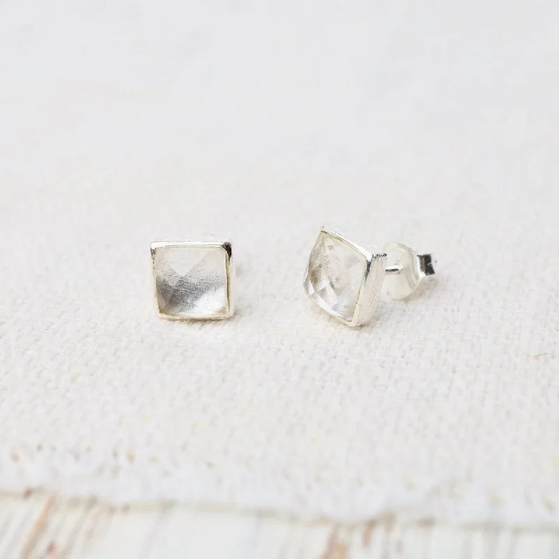 Silver Square Madeline Stud Earrings - Clear Quartz