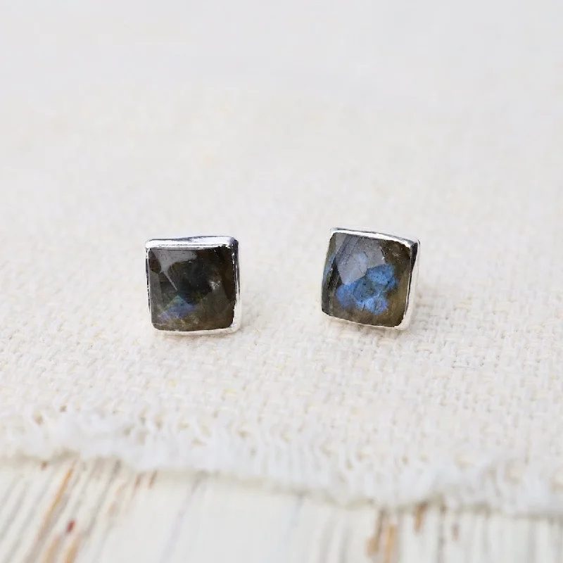 Silver Square Madeline Stud Earrings - Labradorite