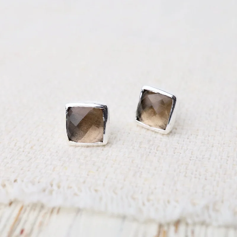 Silver Square Madeline Stud Earrings - Smokey Quartz