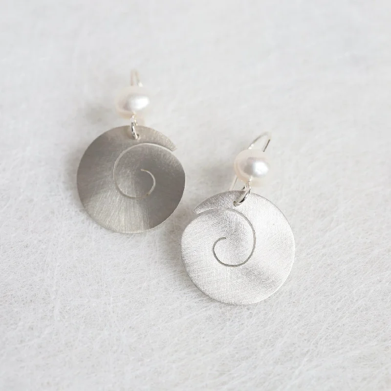 Matte Silver Swirl Drop with White Pearl Earring