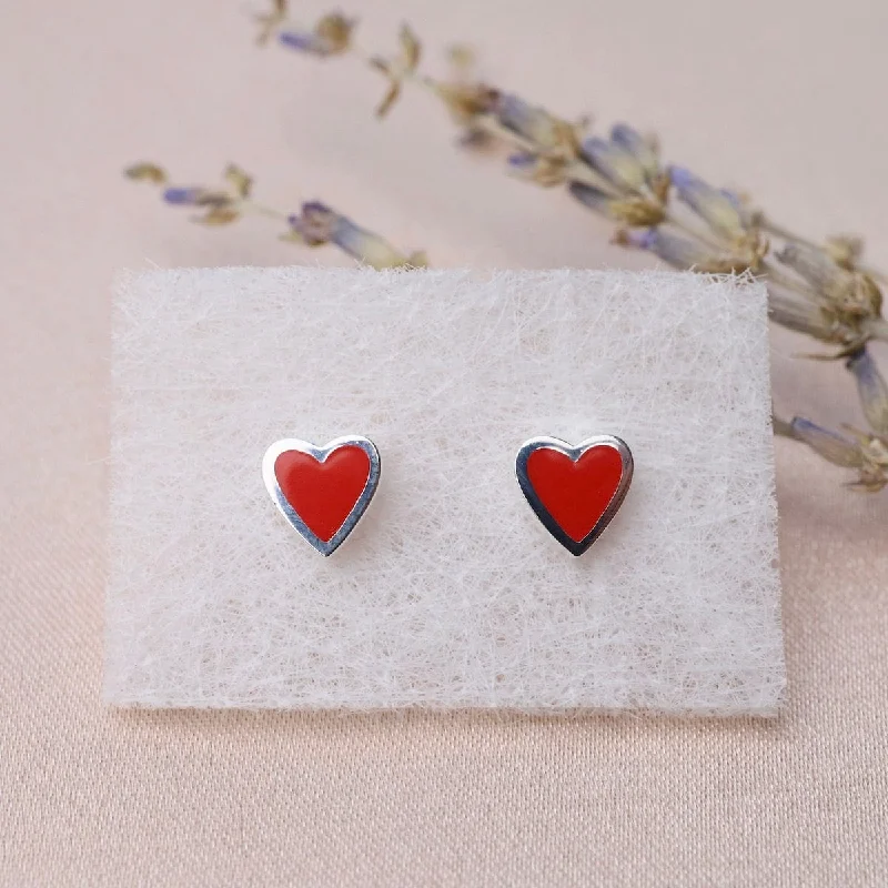 Red Enamel Heart Stud Earrings