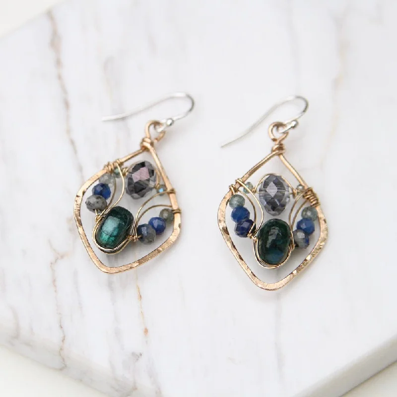 Hand Formed Brass Drops With Green Labradorite Earring