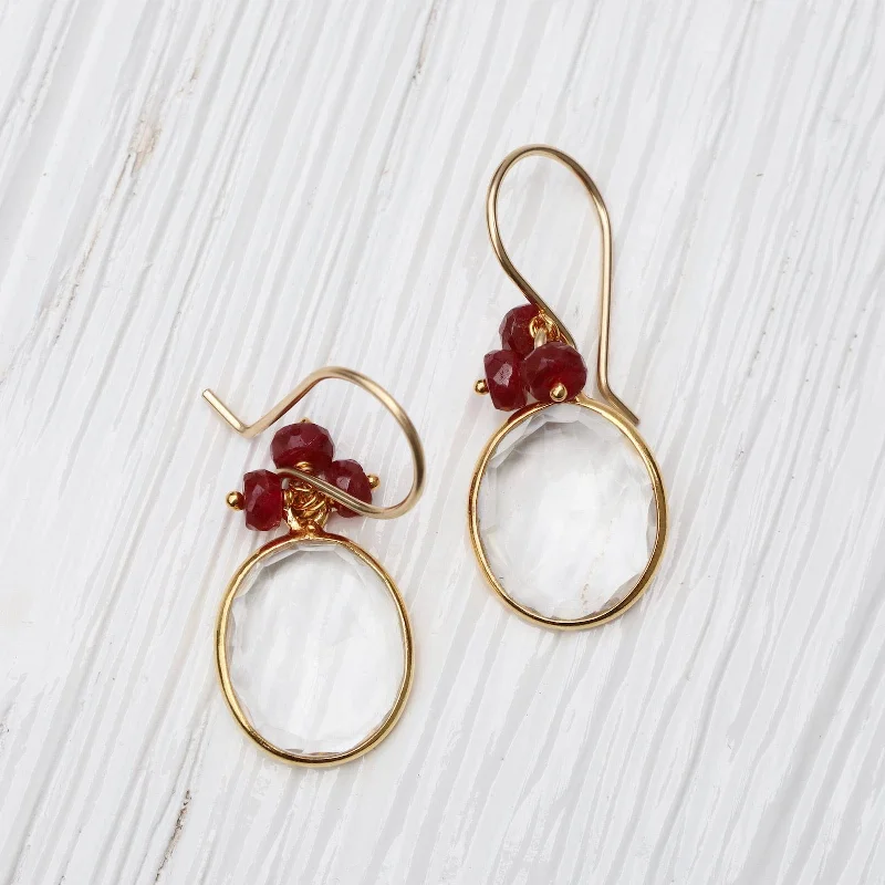 Bezel-Set Clear Quartz Drop Earrings with Ruby