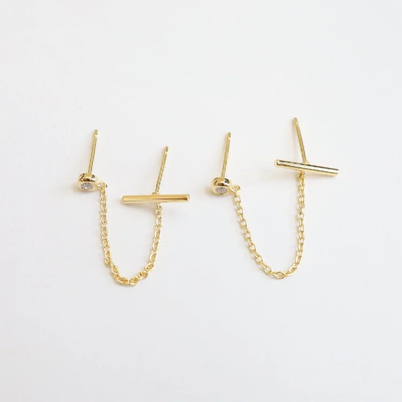 CZ & Bar with Chain Double Pierced Studs - Gold Vermeil