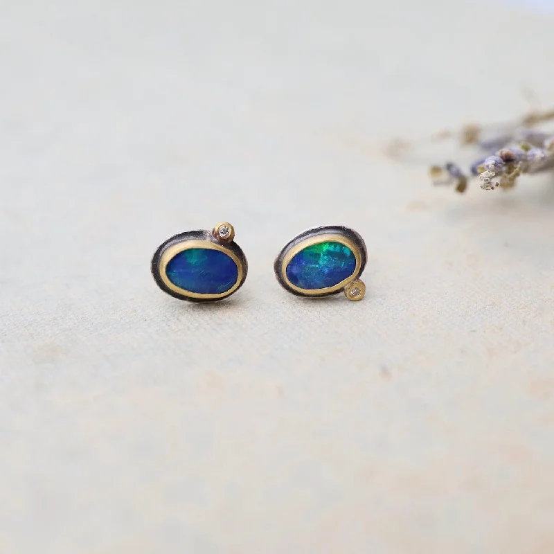 Australian Opal with Diamond Dot Stud Earrings