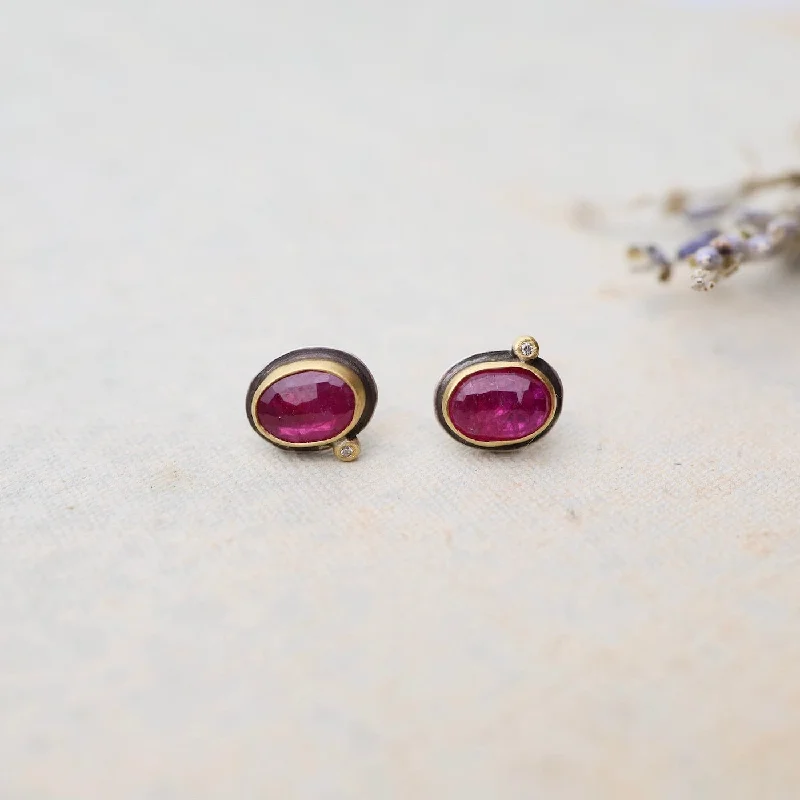 Rose Cut Ruby with Diamond Dot Stud Earrings