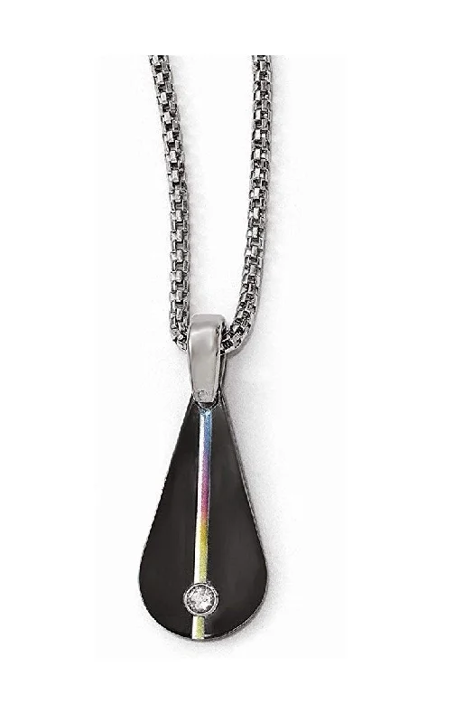 Edward Mirell Titanium Grooved Multi-Colored Anodized Black Titanium White Sapphire Teardrop Pendant Necklace, 16"-18"