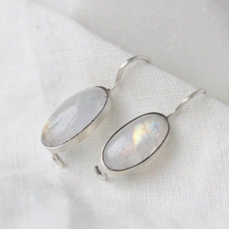 Oval Cabochon Rainbow Moonstone Drop Earrings