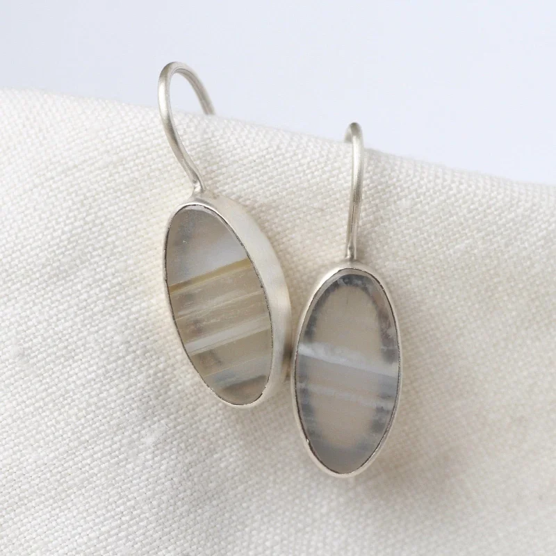 Oval Flat White Agate Drop Earrings