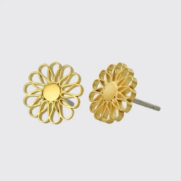 Gold Plated Brass Filigree Flower Stud Earrings