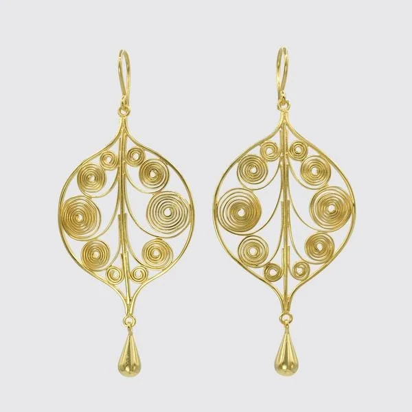 Gold Plated Large Filigree Swirl Leaf Drop Earrings