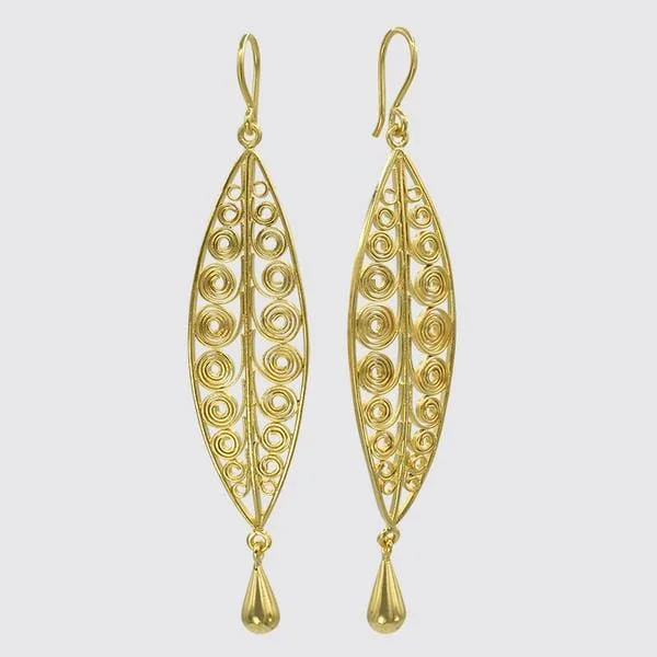 Gold Plated Long Filigree Swirl Leaf Drop Earrings