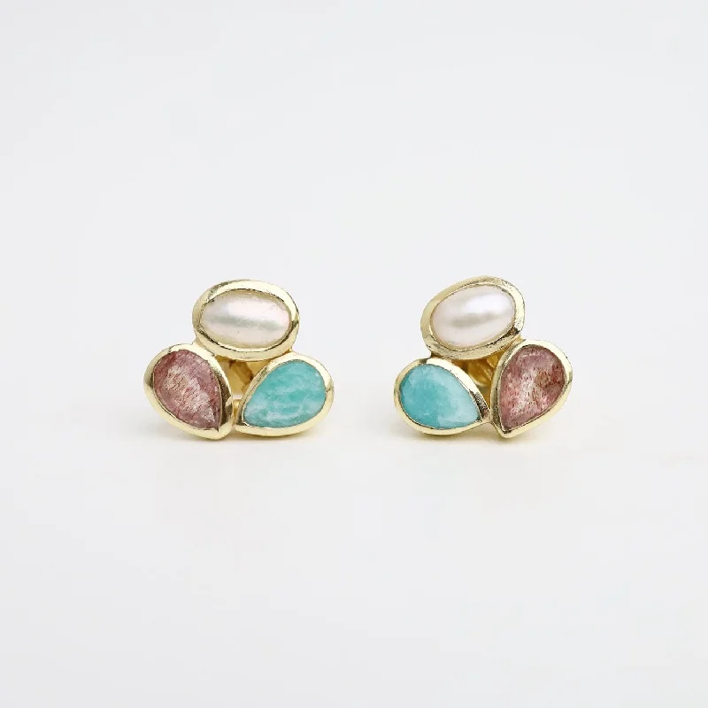 Pearl, Amazonite & Strawberry Quartz Stud Earrings