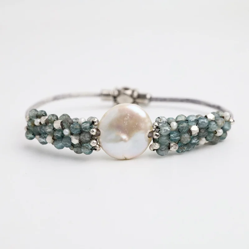 Hand Stitched Aquamarine, Sterling Silver & Pearl Leather Bracelet