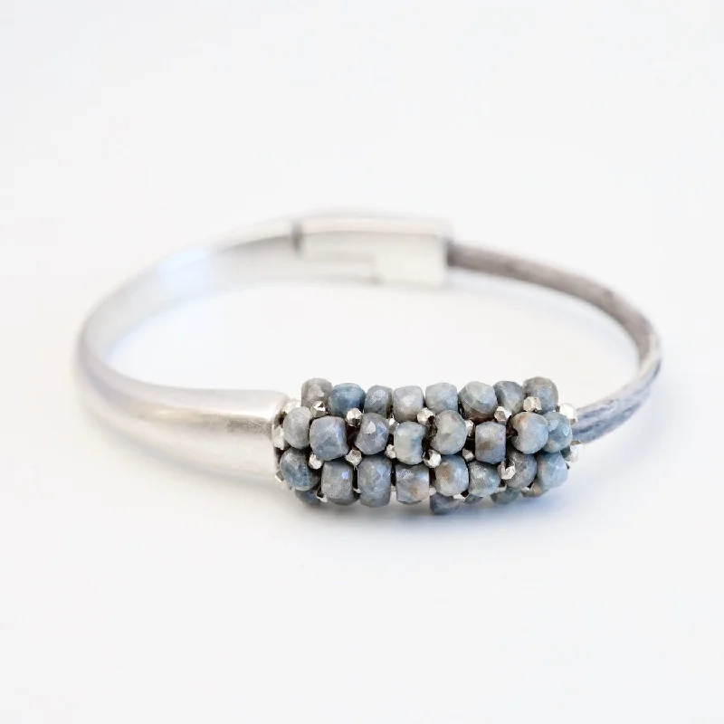 Hand Stitched Grey Silverite with Silver Details 1/2 Cuff Bracelet