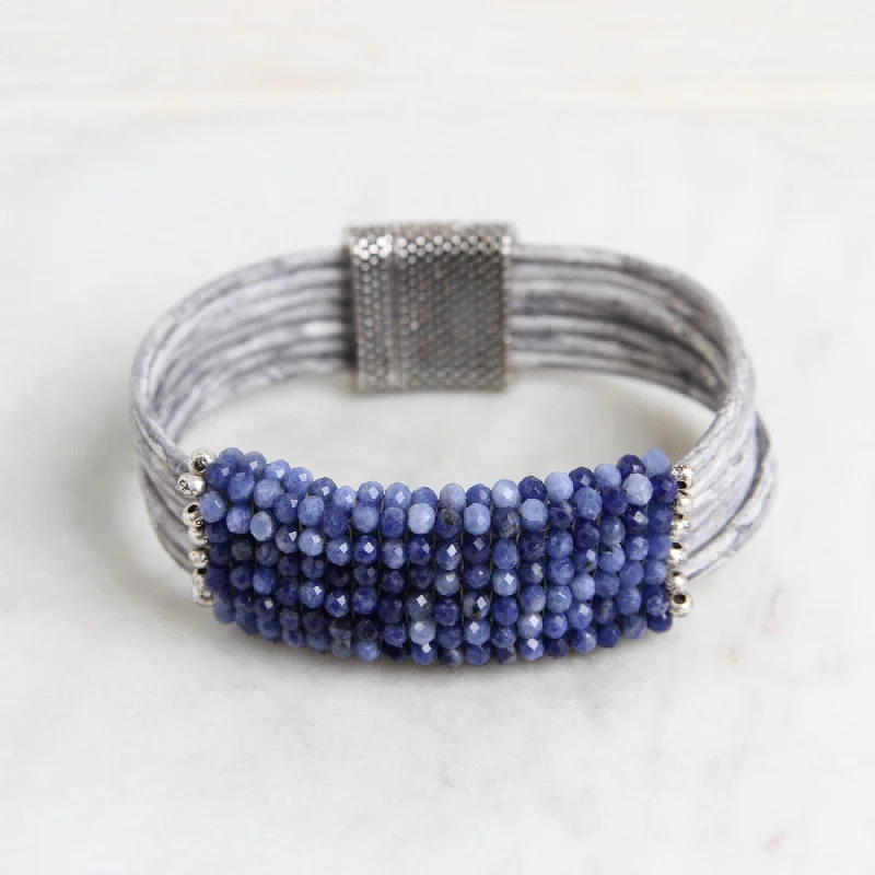 Hand Stitched Shaded Sodalite with Hill Tribe Stamped Fine Silver Bead Trim Bracelet