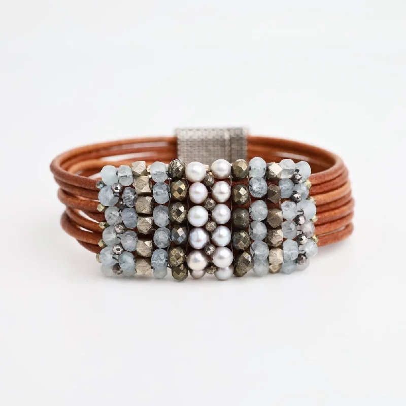 Hand Stitched Aquamarine, Grey Pearls, Pyrite, & Silver on Natural Leather Bracelet