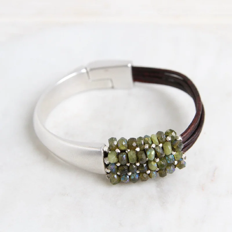 Hand Stitched Coated Green Garnet & Sterling Silver 1/2 Cuff Bracelet