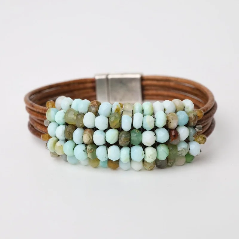 Green Opal with Silver Nugget Leather Bracelet