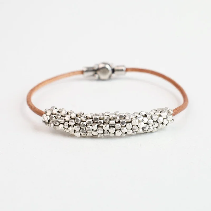 Hand Stitched Sterling Silver Nuggets Leather Bracelet