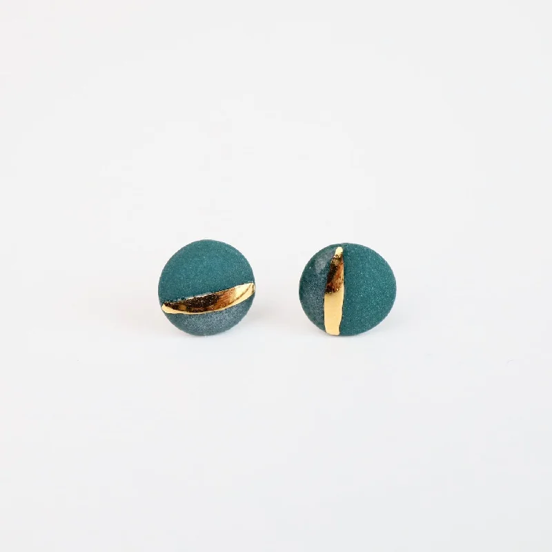 22k Gold Striped Flat Porcelain Circle Studs - Teal