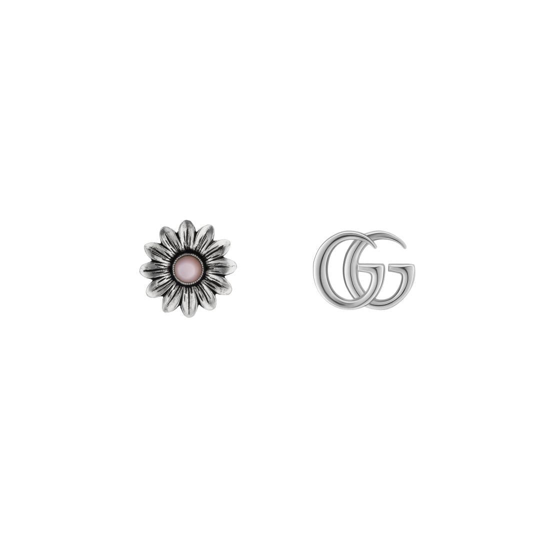 Gucci Sterling Silver GG Marmont Flower and GG Butterfly Stud Earrings with Pink MOP