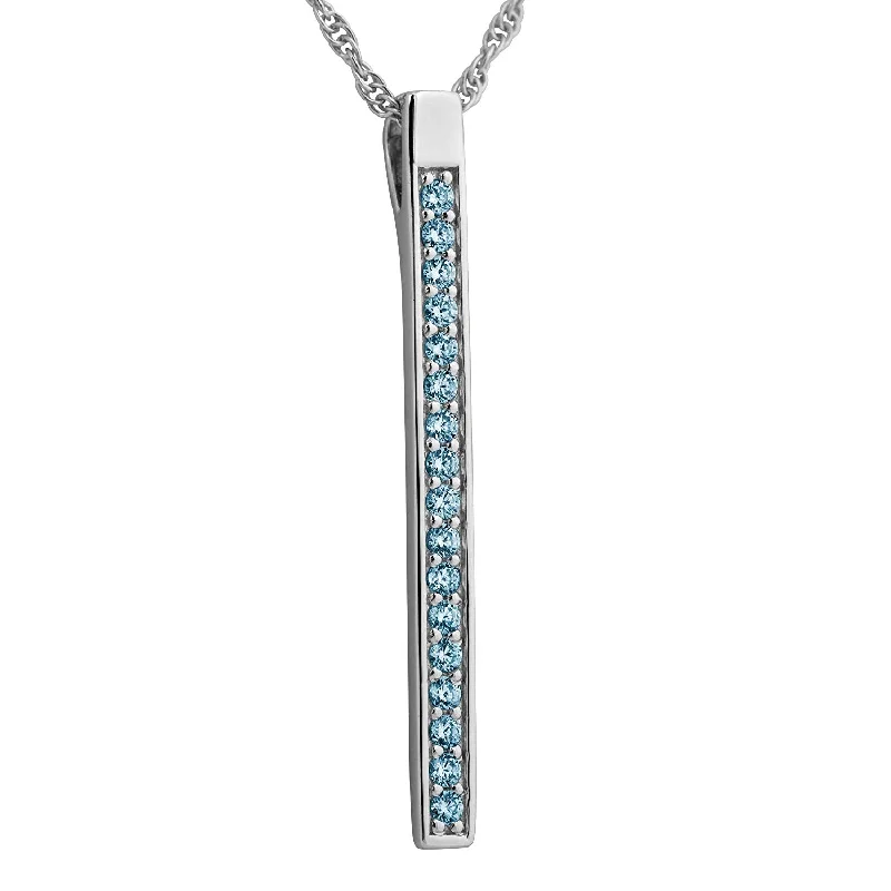 Light Blue CZ High Polish Bar Pendant Necklace, Rhodium Plated Sterling Silver, 18"