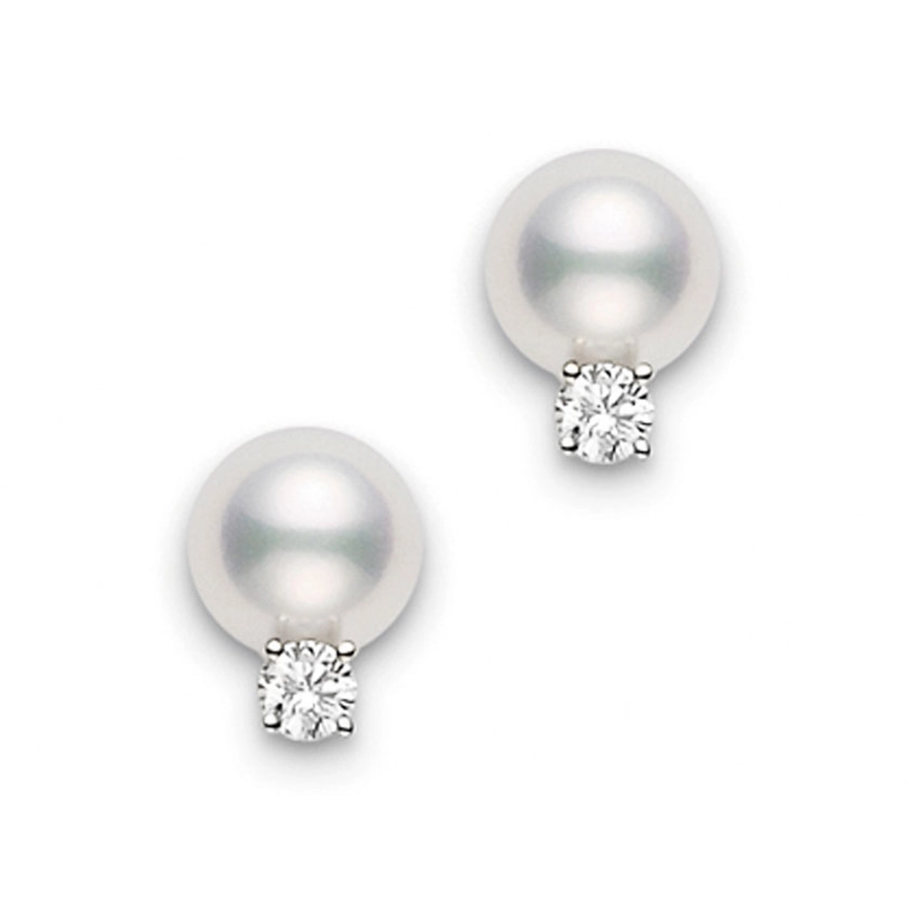 Mikimoto 18K White Gold 6-6.5mm Pearl & Diamond Stud Earrings