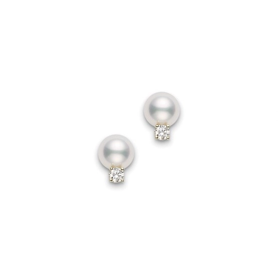 Mikimoto 18K Yellow Gold 7-7.5mm Pearl & Diamond Stud Earrings