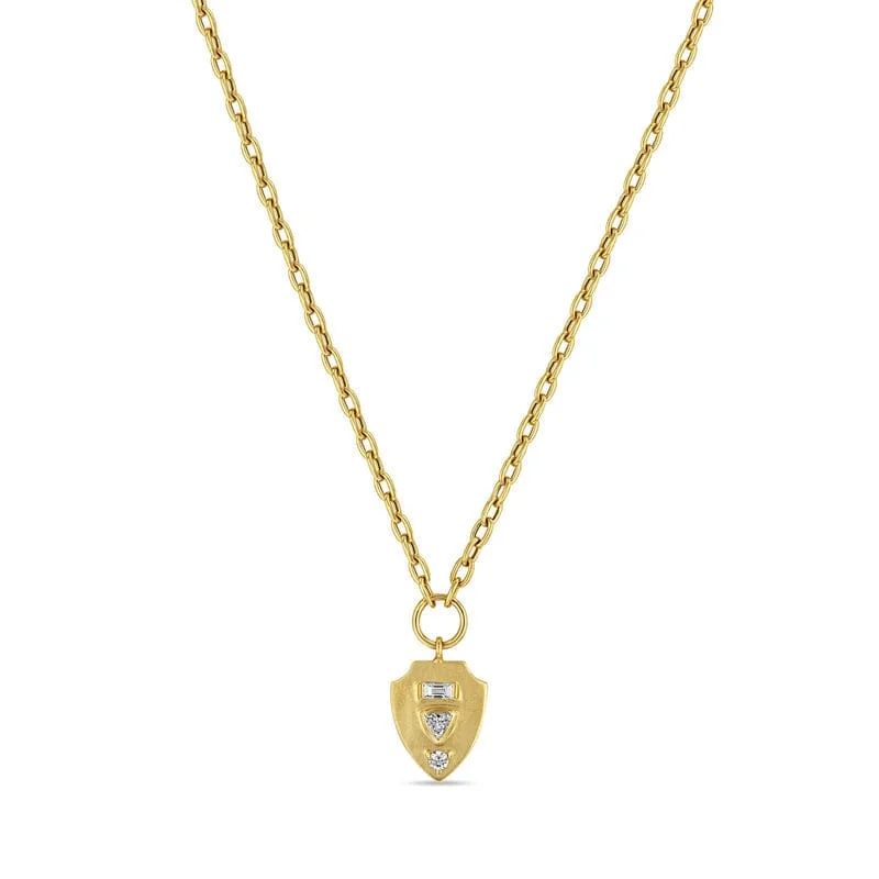 14k Gold Mixed Cut Diamond Gold Shield Pendant Necklace