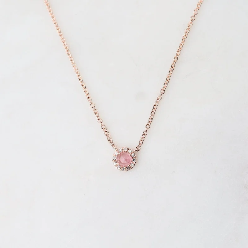 14k Pink Tourmaline Diamond Halo Necklace