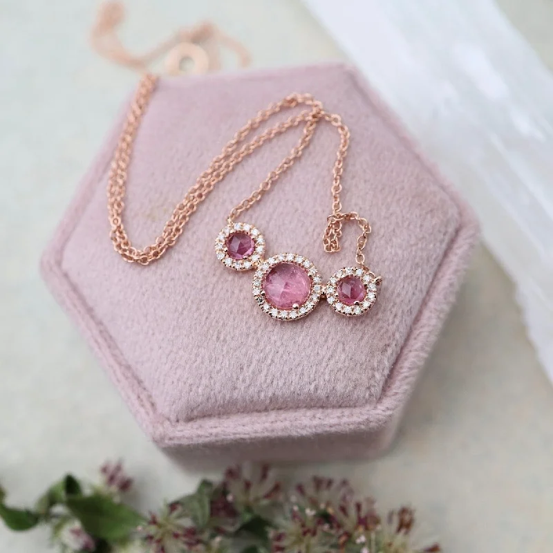 Rose Cut Pink Tourmaline with White Diamond Halo Necklace