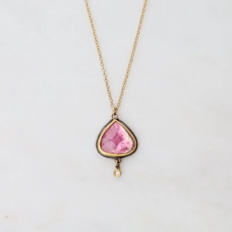 Rose Cut Pink Tourmaline Teardrop with Dangling Diamond Dot Necklace