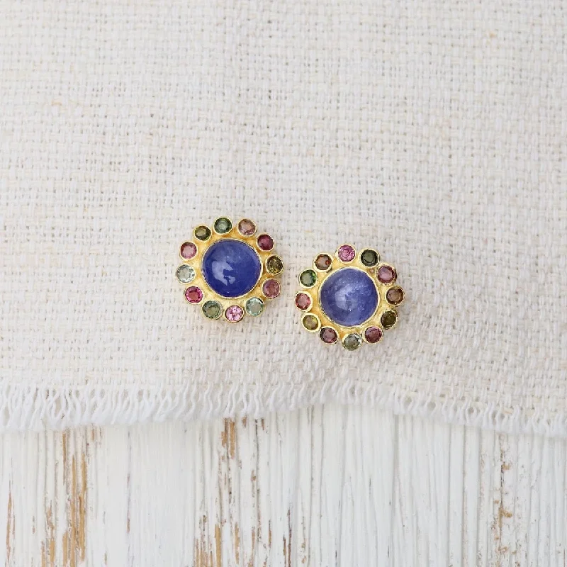 Round Tanzanite & Tourmaline Stud Earrings