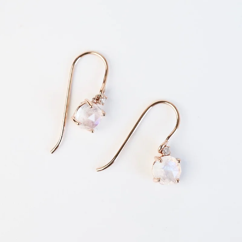 Rose Gold Round Rainbow Moonstone Drop Earrings