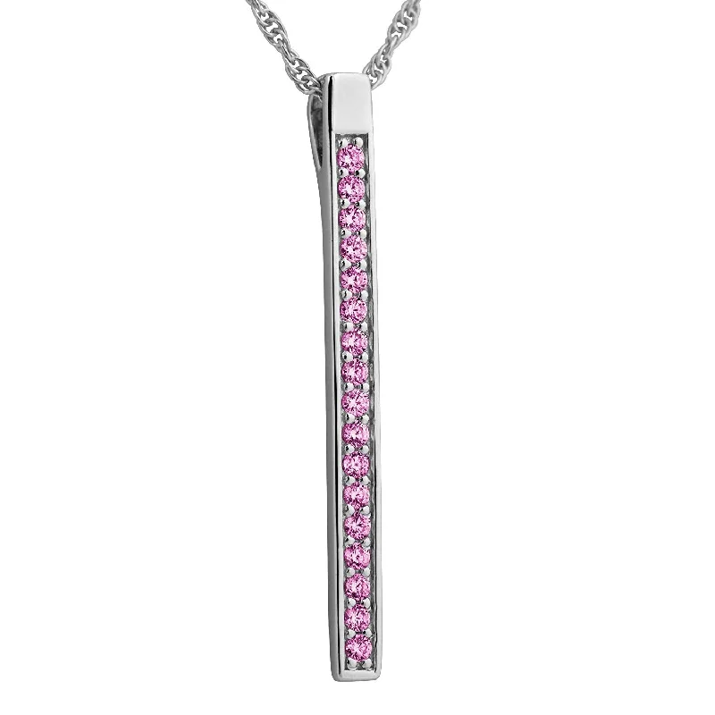 Pink CZ High Polish Bar Pendant Necklace, Rhodium Plated Sterling Silver, 18"