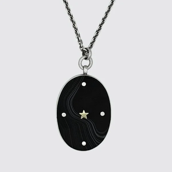 Large Oval Black Banded Onyx Pendant Necklace with Gold star