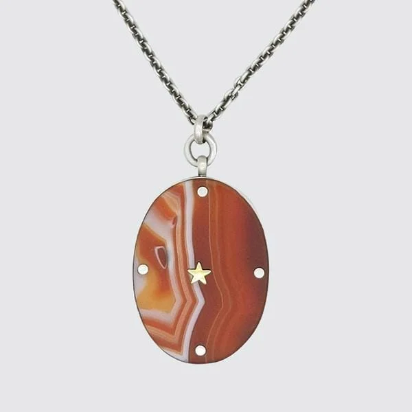 Large Oval Banded Carnelian Pendant Necklace with Gold Star