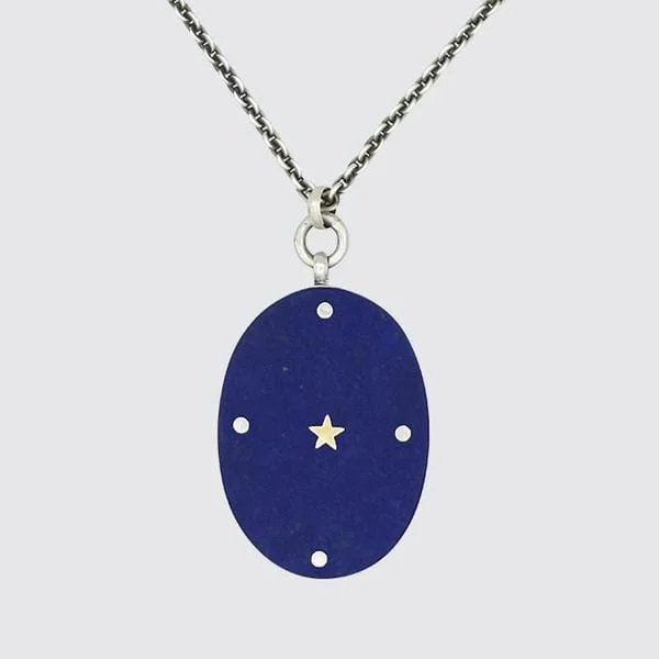 Large Oval Lapis Pendant Necklace with Gold Star