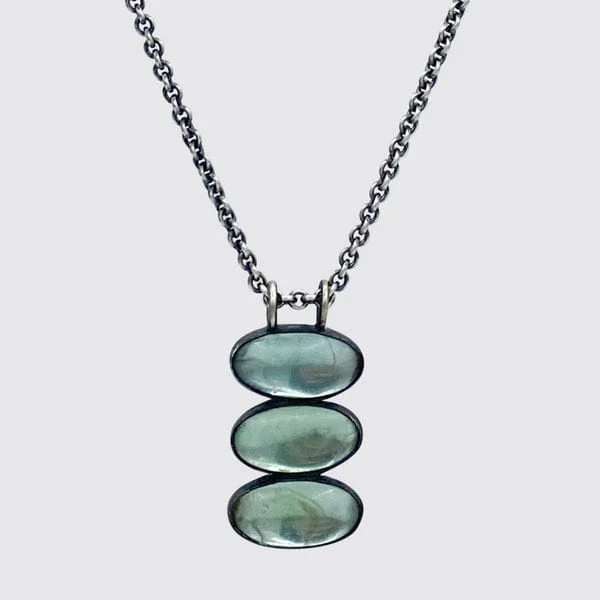 Triple Glowing Apatite Oval Cabochon Pendant Necklace