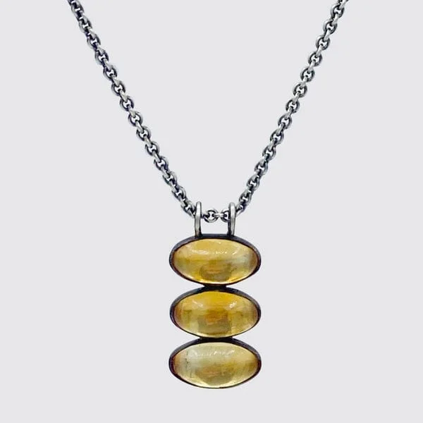 Triple Glowing Citrine Oval Cabochon Pendant Necklace