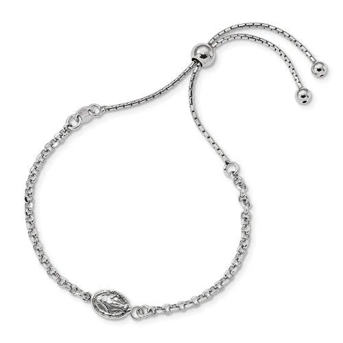 Rhodium-Plated Sterling Silver Miraculous Medal Adjustable Bracelet, 4-9"